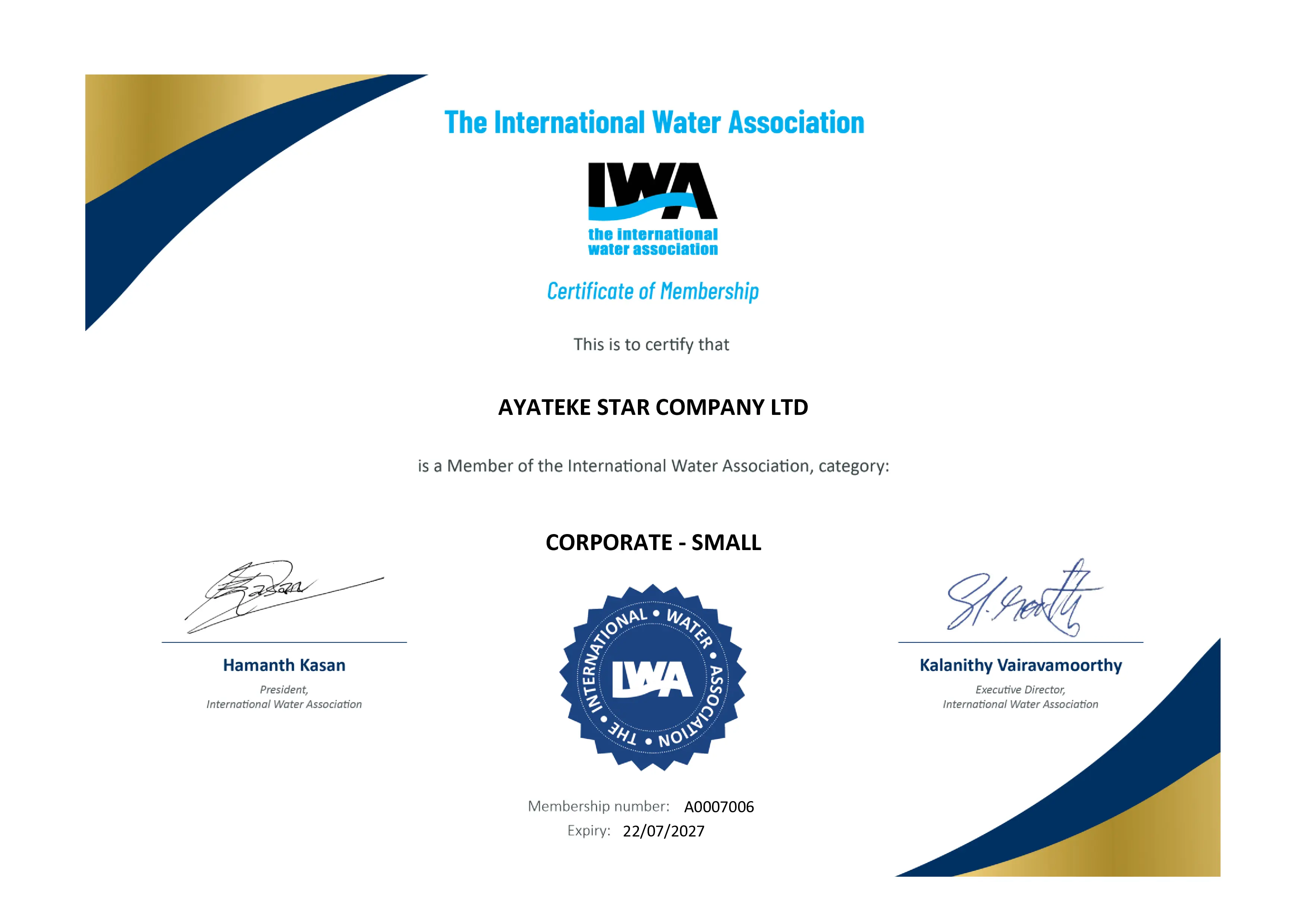 International Water Association Membership Certificate